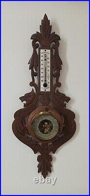 Antique French Black Forest Barometer, Intricate Foliage Carving, Circa 1880