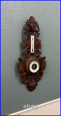 Antique French Black Forest Barometer Thermometer Hound Dogs Birds Carved Oak