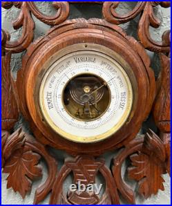 Antique French Black Forest Barometer Thermometer Hound Dogs Birds Carved Oak