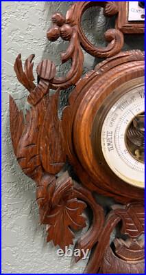 Antique French Black Forest Barometer Thermometer Hound Dogs Birds Carved Oak
