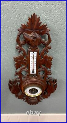 Antique French Black Forest Barometer Thermometer Hound Dogs Birds Carved Oak