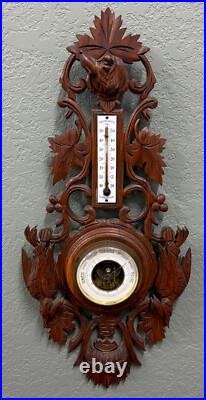 Antique French Black Forest Barometer Thermometer Hound Dogs Birds Carved Oak