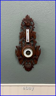 Antique French Black Forest Barometer Thermometer Hound Dogs Birds Carved Oak