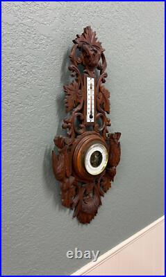 Antique French Black Forest Barometer Thermometer Hound Dogs Birds Carved Oak