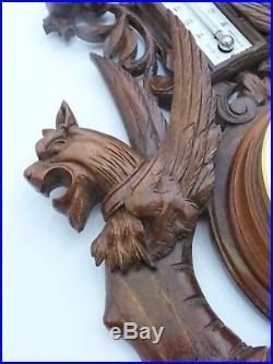 Antique French Black Forest Carved 28 Barometer & Thermometer Griffin theme