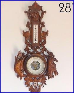 Antique French Black Forest Carved 28 Barometer & Thermometer Hunting theme