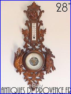 Antique French Black Forest Carved 28 Barometer & Thermometer Hunting theme