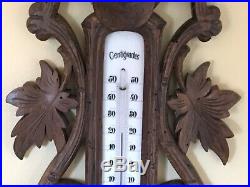 Antique French Black Forest Carved Barometer Thermometer Dog Birds Decoration