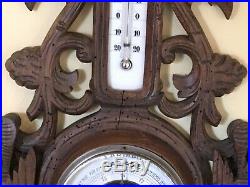 Antique French Black Forest Carved Barometer Thermometer Dog Birds Decoration