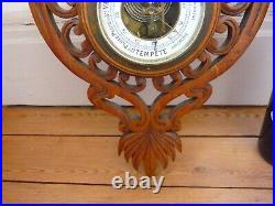 Antique French Black Forest Carved Wood Wall Barometer Thermometer With Flowers