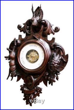 Antique French Black Forest Clock & Barometer, 19th Century, Oak