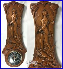 Antique French Carved Art Nouveau Barometer, 20.5 Long, Diana the Huntress, Dog