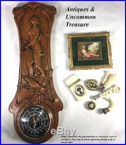 Antique French Carved Art Nouveau Barometer, 20.5 Long, Diana the Huntress, Dog