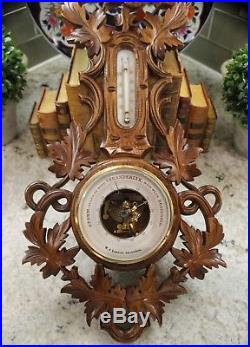 Antique French Carved Oak BLACK FOREST Barometer Thermometer Bird Crown