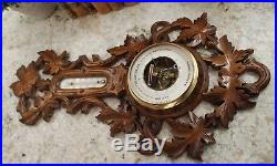 Antique French Carved Oak BLACK FOREST Barometer Thermometer Bird Crown