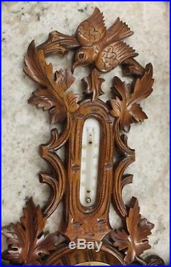 Antique French Carved Oak BLACK FOREST Barometer Thermometer Bird Crown