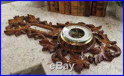 Antique French Carved Oak BLACK FOREST Barometer Thermometer Bird Crown