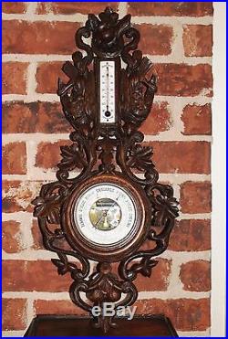 Antique French Carved Oak BLACK FOREST Barometer Thermometer Dog Pheasants LARGE