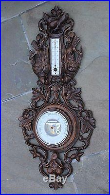 Antique French Carved Oak BLACK FOREST Barometer Thermometer Dog Pheasants LARGE