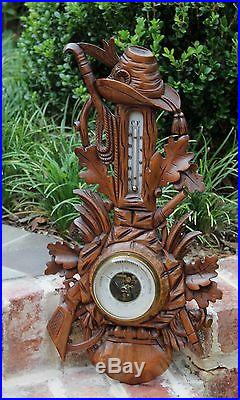 Antique French Carved Oak BLACK FOREST Barometer Thermometer HUNT Rifles Guns