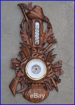 Antique French Carved Oak BLACK FOREST Barometer Thermometer HUNT Rifles Guns