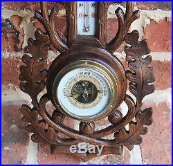 Antique French Carved Oak BLACK FOREST Hunt Barometer Thermometer Deer Stag