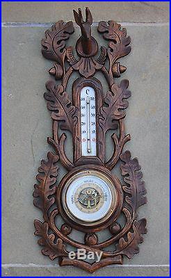 Antique French Carved Oak BLACK FOREST Hunt Barometer Thermometer Deer Stag