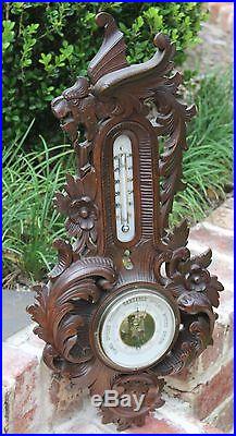 Antique French Carved Oak Barometer Thermometer Winged Griffon Acanthus Rosettes