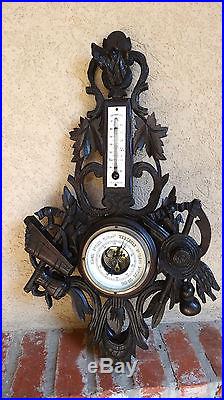 Antique French Carved Wood Hunt Black Forest Barometer Thermometer DOG-Hound