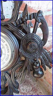 Antique French Carved Wood Hunt Black Forest Barometer Thermometer DOG-Hound