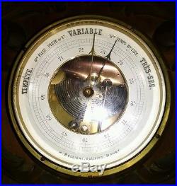 Antique French Carved Wood Wall Barometer & Thermometer, H. Belleini, Working
