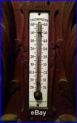 Antique French Carved Wood Wall Barometer & Thermometer, H. Belleini, Working