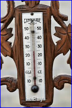 Antique French Carved wood, Barometer & Thermometer, black forest, birds, dog