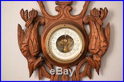 Antique French Carved wood, Barometer & Thermometer, black forest, birds, dog