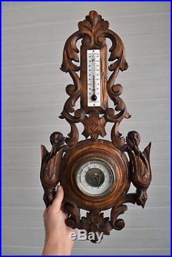 Antique French Carved wood, Barometer & Thermometer, black forest, hunting bird