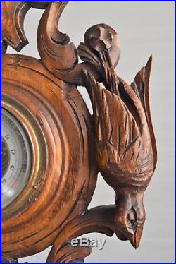 Antique French Carved wood, Barometer & Thermometer, black forest, hunting bird