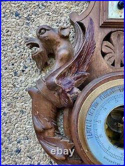 Antique French Castel Carved Wing Wooden Griffins Barometer Thermometer 29