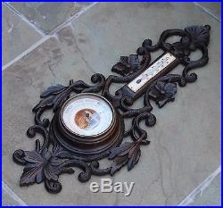 Antique French Dark Oak Barometer Thermometer Finely Carved Floral Fan Leaves