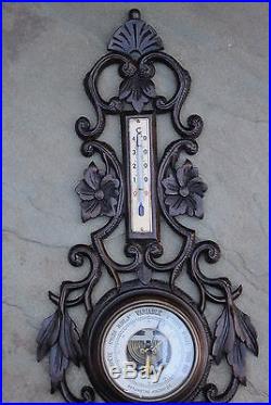 Antique French Dark Oak Barometer Thermometer Finely Carved Floral Fan Leaves