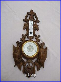 Antique French Hand Carved Black Forest Wood Wall Barometer Thermometer Hunting