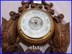 Antique French Hand Carved Black Forest Wood Wall Barometer Thermometer Hunting