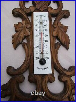 Antique French Hand Carved Black Forest Wood Wall Barometer Thermometer Hunting