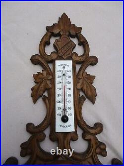 Antique French Hand Carved Black Forest Wood Wall Barometer Thermometer Hunting