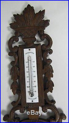 Antique French Hand Carved Wood Black Forest Barometer Wall Thermometer