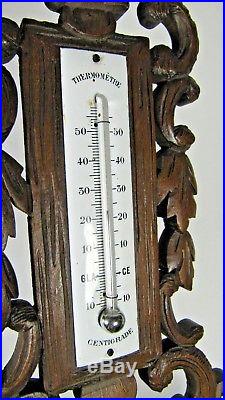 Antique French Hand Carved Wood Black Forest Barometer Wall Thermometer
