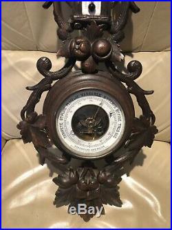 Antique French Radiguet Hand Carved Barometer, black forest Style, 1870-1900