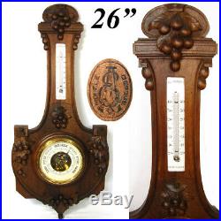 Antique French Victorian to Edwardian Carved Walnut 26 Barometer, Thermometer