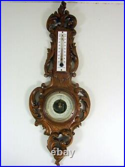 Antique French Wall Black Forest Barometer Thermometer Rococo 19th C Carved Wood