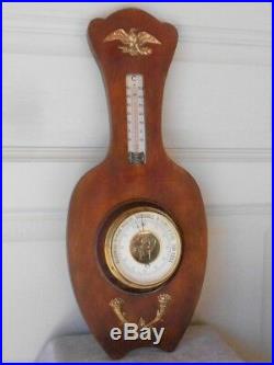 Antique French Wood & Brass Barometer & Thermometer