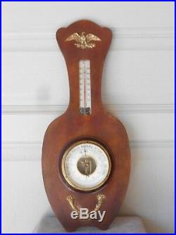 Antique French Wood & Brass Barometer & Thermometer